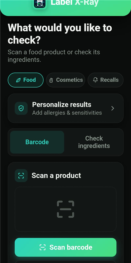 A food scan result in Label X-Ray, showing a score and plain-English verdict