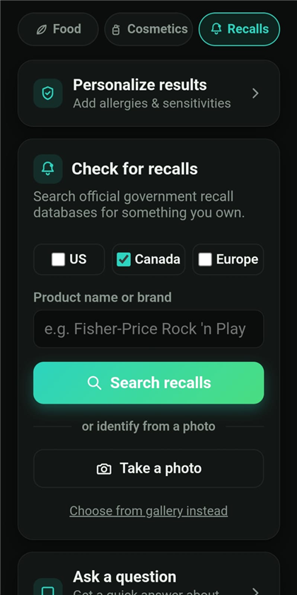 Searching official recall databases in Label X-Ray